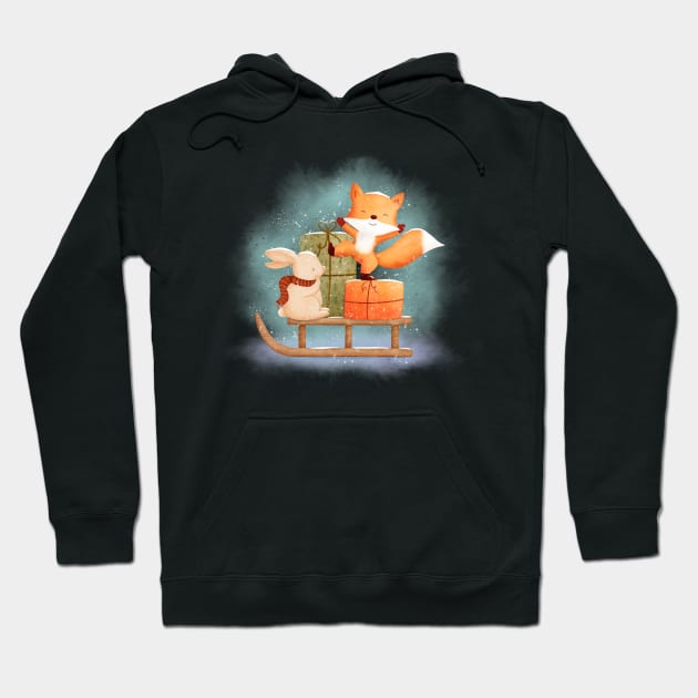 Cute Bunny and Fox with sledge and Christmas gifts Hoodie by Sandra Herrgott